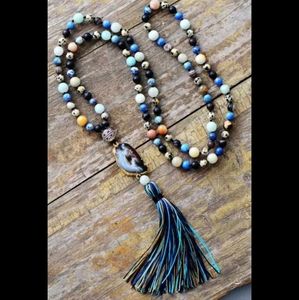 Natural Stone Druzzy and Tassel Long Necklace